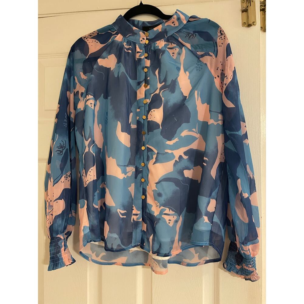 Zesica Blue and Pink artsy long sleeve fairycore blouse size small
